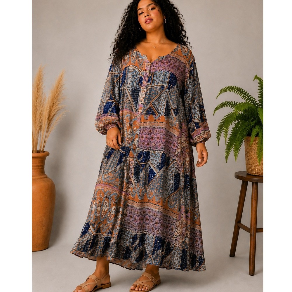 Davi & Dani Patchwork Boho Maxi Dress Plus Size Long Sleeve